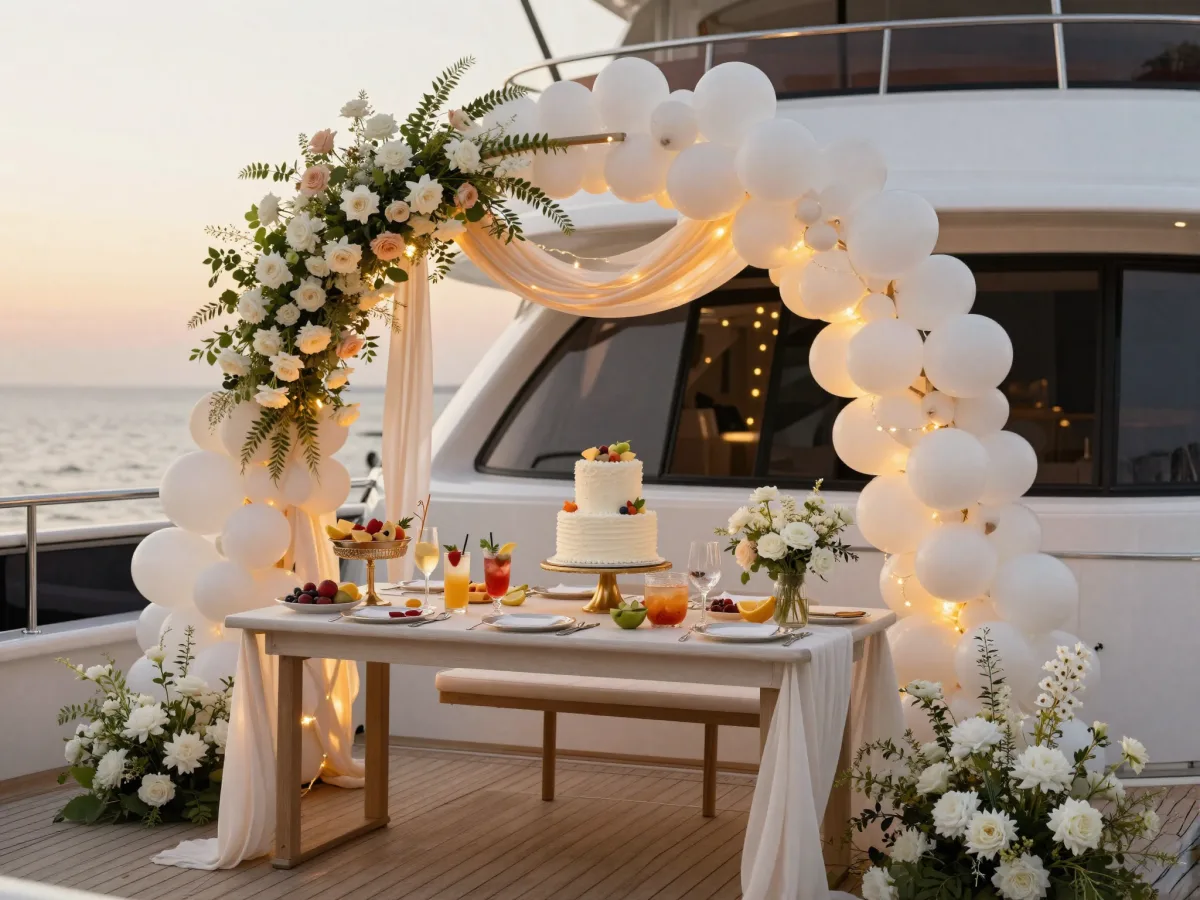 Yacht deck styled for a celebration with a balloon arch, white and blush florals, a tiered cake and mocktails at golden hour