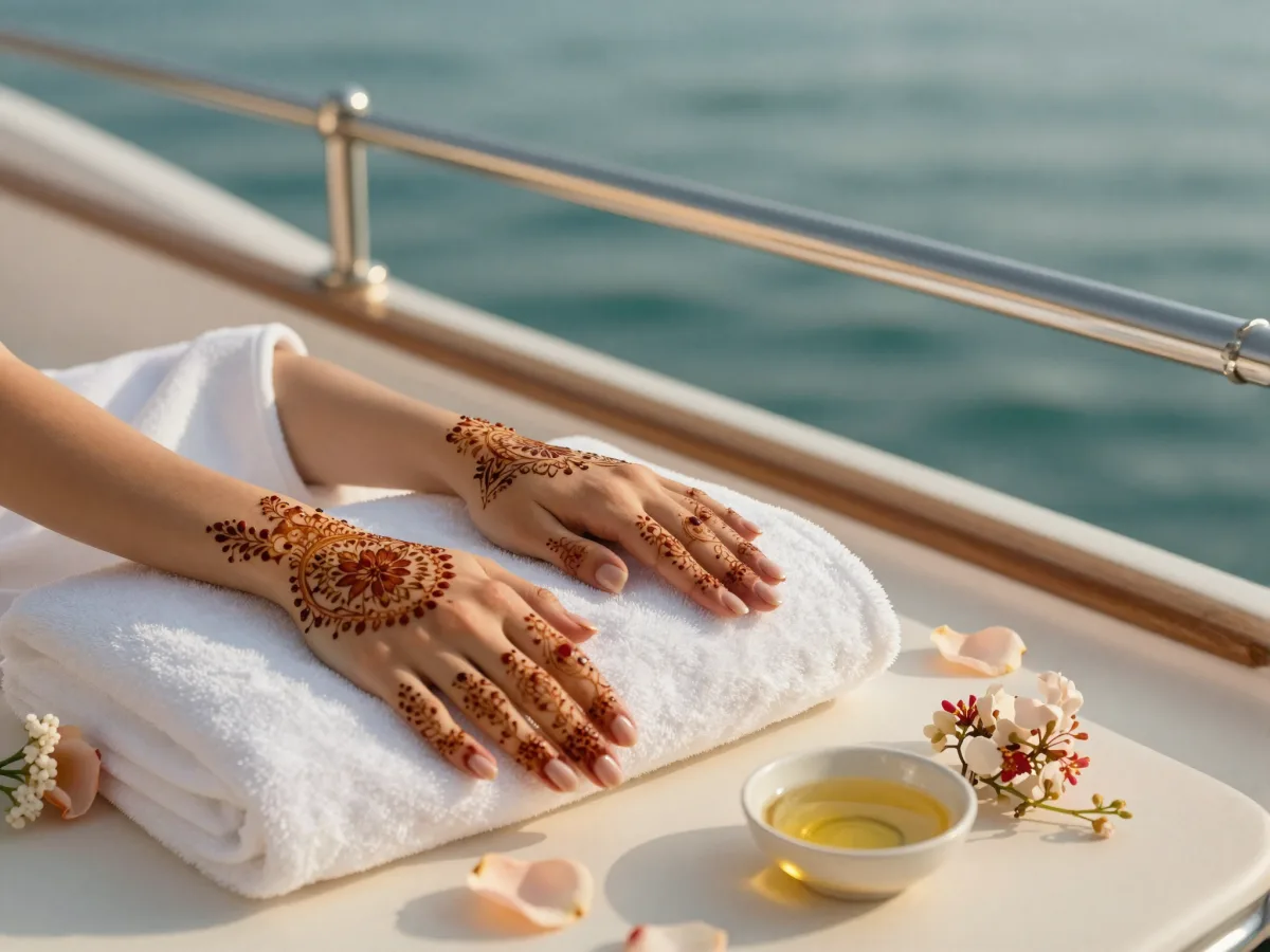 Hands decorated with fresh henna resting on white spa towels with rose petals and aromatic oil aboard a yacht