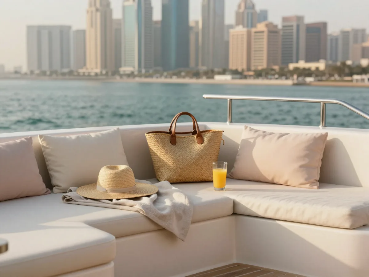 Plush blush and cream cushions on a luxury yacht sun deck with the Dubai Marina skyline behind at golden hour