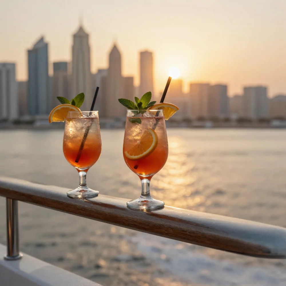 Two fresh fruit mocktails on a yacht railing at sunset with the Dubai skyline behind