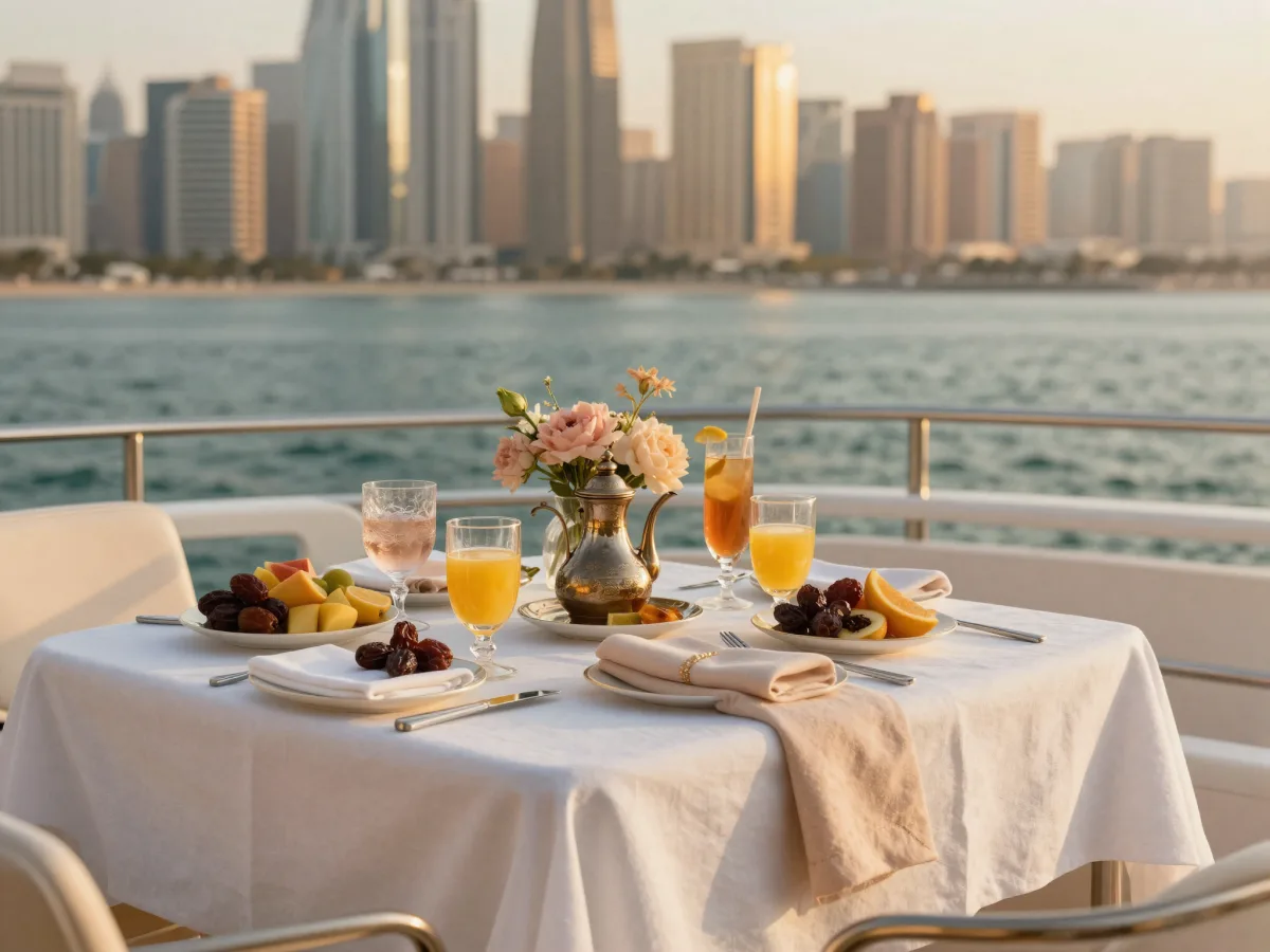 Elegant brunch table dressed in white linen with fresh juice, dates and Arabic coffee on a yacht aft deck, Dubai skyline at golden hour