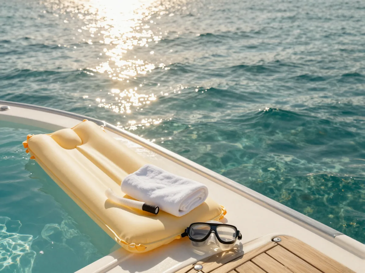 Yacht swim platform with floats and a towel meeting clear turquoise water in bright sunlight
